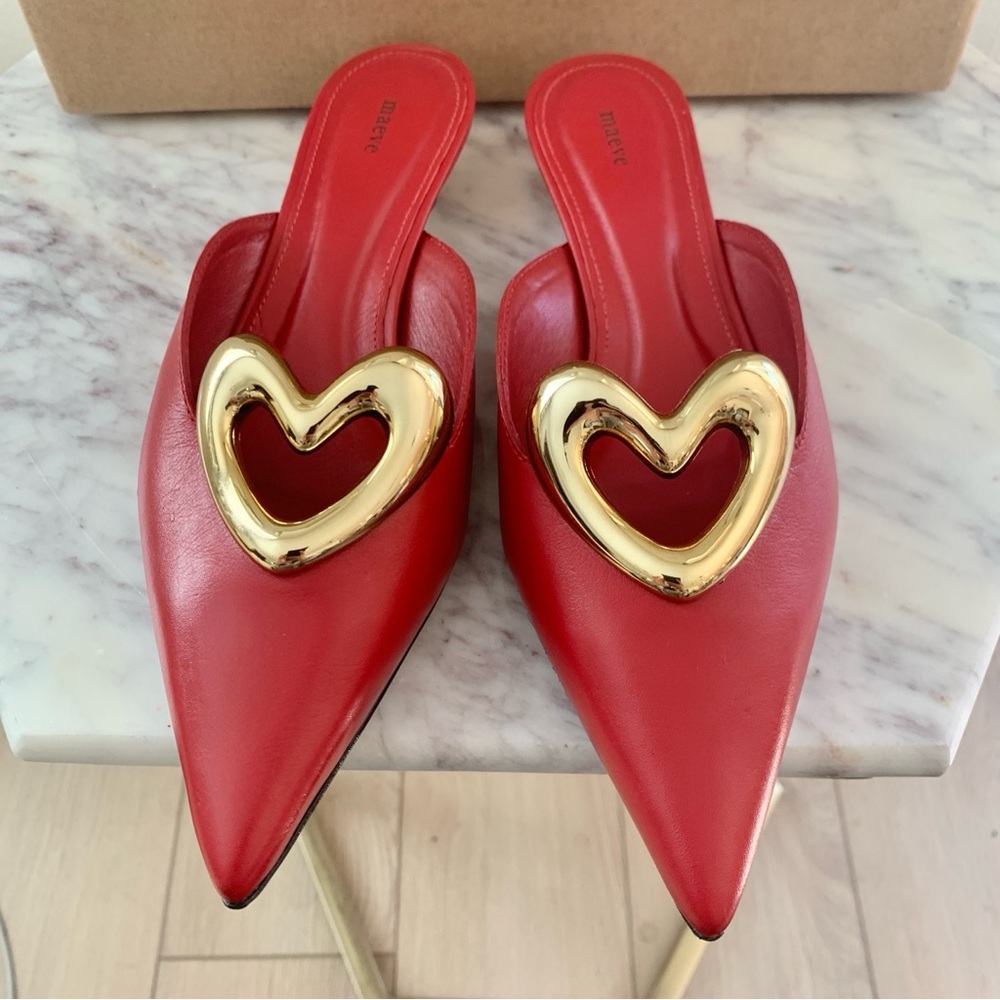 ❤️ ANTHROPOLOGIE Maeve Red Gold Heart Mule Kitten Heels Real Leather EU 36 - Picture 7 of 12